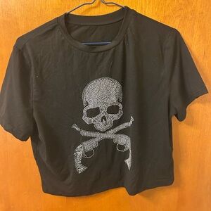 Black Women’s Cropped Skull Printed Fake-Rhinestone Graphic Tee